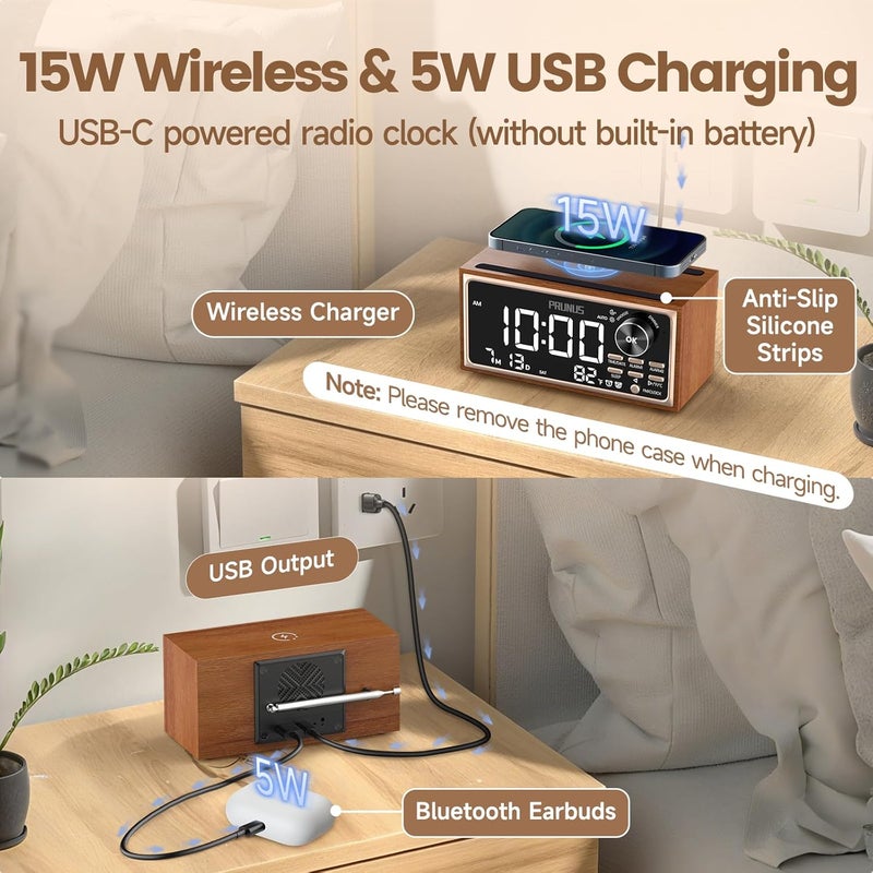 PRUNUS J-177 Retro Vintage Alarm Clock Radio with Fast Wireless Charging, Dual Alarms, Snooze, Large LED Display,Dimmer Control,Auto-Dimming,Retro Clock for Bedroom - Image 4